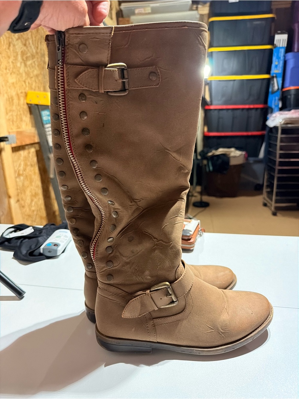 Rampage Tan Buckle Studded Mid-Calf Riding Boots